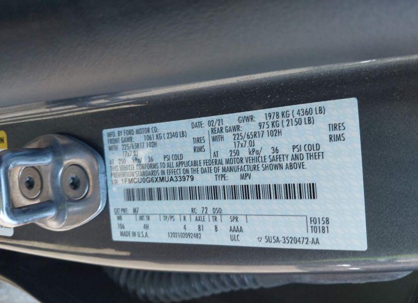 Photo 9 of 2021 Ford Escape SE (VIN 1FMCU0G6XMUA33979)