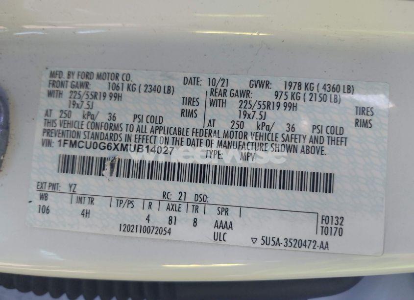 Photo 9 of 2021 Ford Escape SE (VIN 1FMCU0G6XMUB14027)