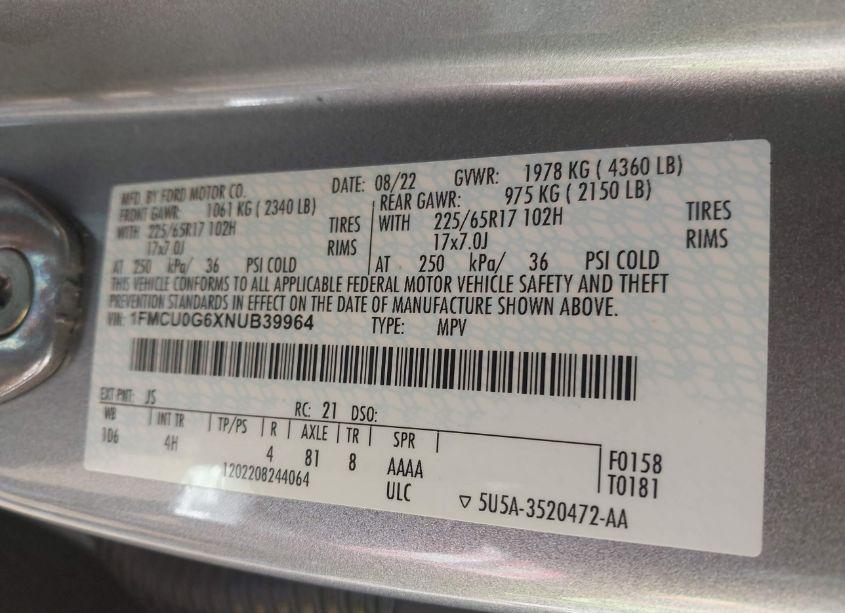 Photo 9 of 2022 Ford Escape SE (VIN 1FMCU0G6XNUB39964)