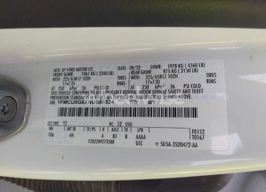 Photo 9 of 2022 Ford Escape SE (VIN 1FMCU0G6XNUB66534)