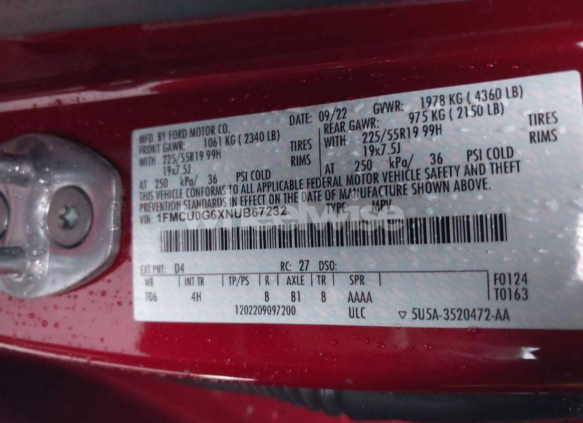 Photo 9 of 2022 Ford Escape SE (VIN 1FMCU0G6XNUB67232)