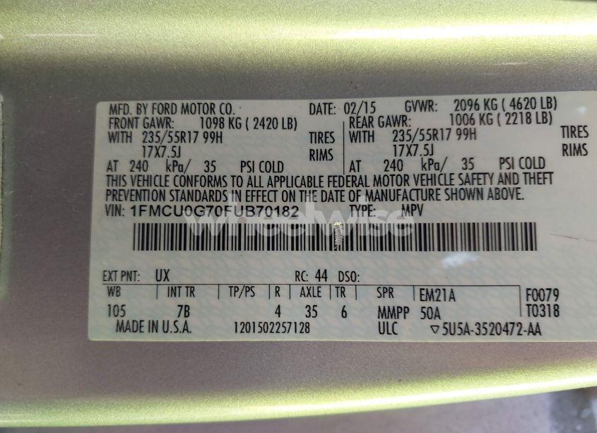 Photo 9 of 2015 Ford Escape SE (VIN 1FMCU0G70FUB70182)