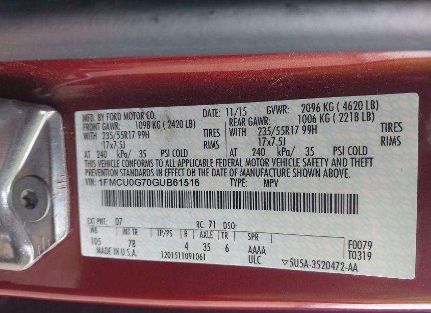 Photo 9 of 2016 Ford Escape SE (VIN 1FMCU0G70GUB61516)