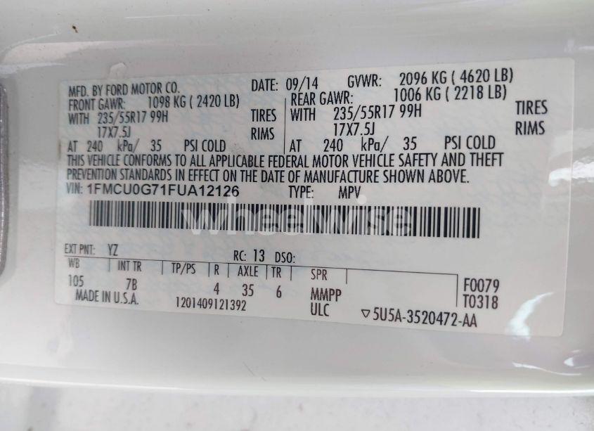 Photo 9 of 2015 Ford Escape SE (VIN 1FMCU0G71FUA12126)