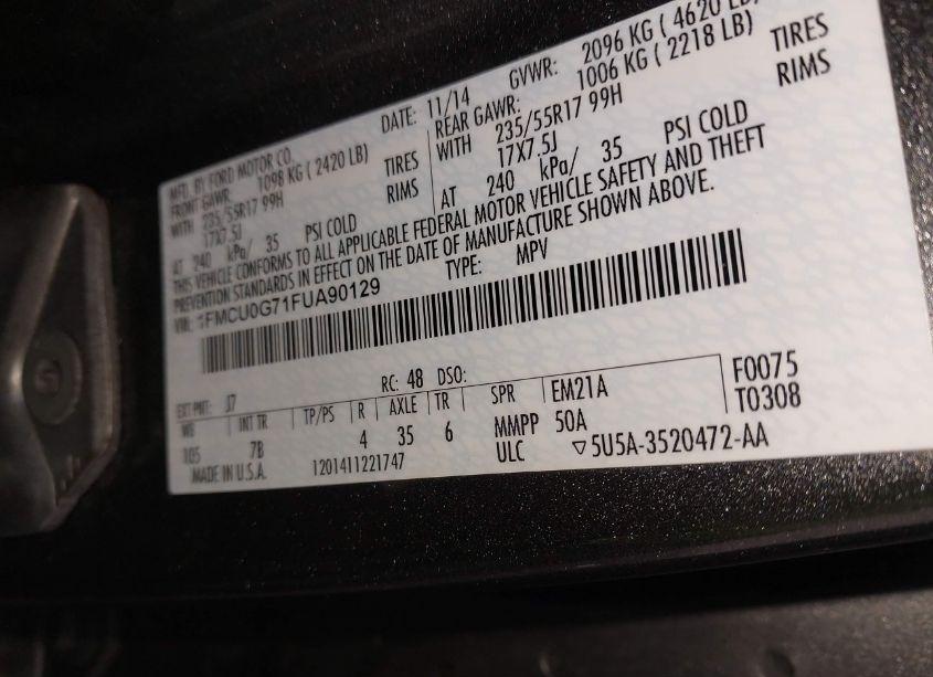 Photo 9 of 2015 Ford Escape SE (VIN 1FMCU0G71FUA90129)