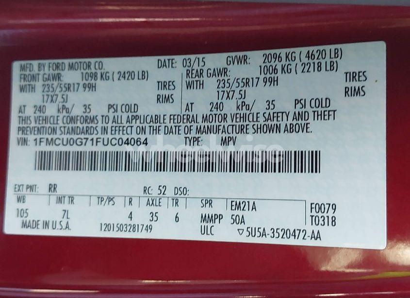 Photo 9 of 2015 Ford Escape SE (VIN 1FMCU0G71FUC04064)