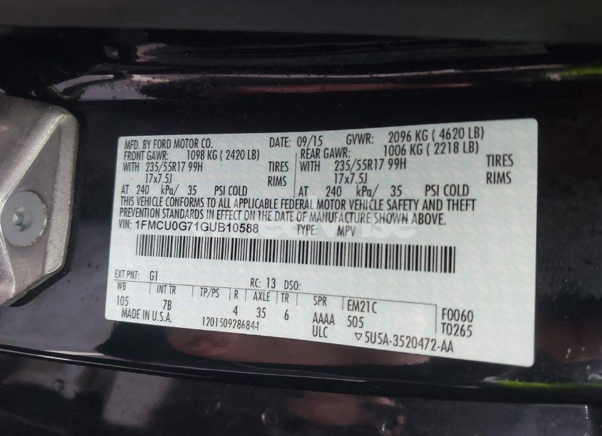 Photo 9 of 2016 Ford Escape SE (VIN 1FMCU0G71GUB10588)