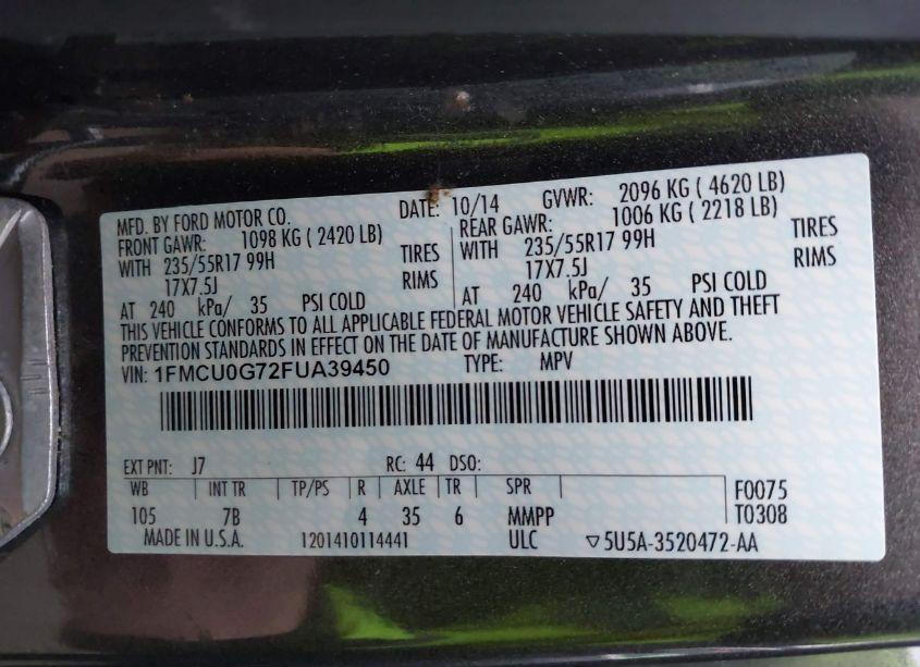 Photo 9 of 2015 Ford Escape SE (VIN 1FMCU0G72FUA39450)