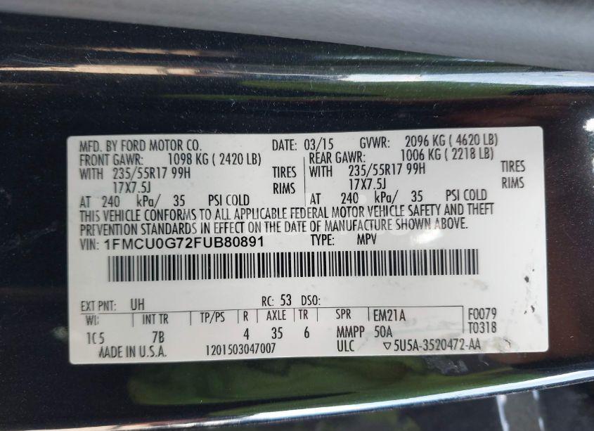 Photo 9 of 2015 Ford Escape SE (VIN 1FMCU0G72FUB80891)