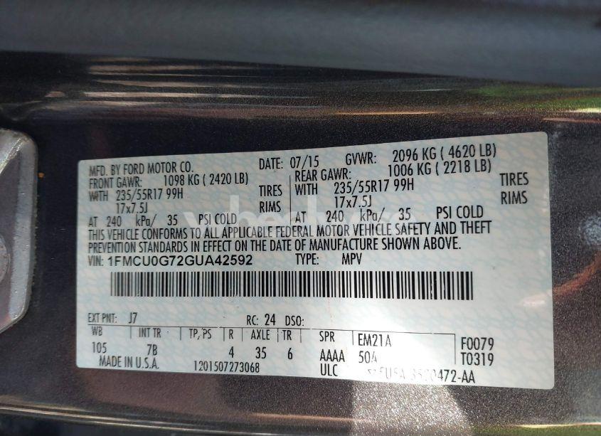 Photo 9 of 2016 Ford Escape SE (VIN 1FMCU0G72GUA42592)