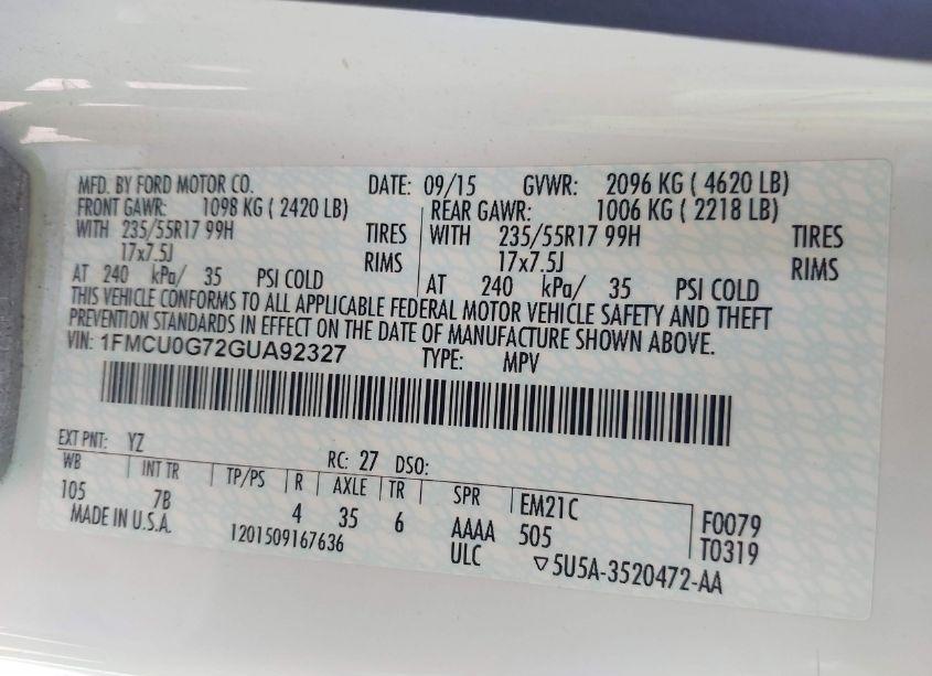 Photo 9 of 2016 Ford Escape SE (VIN 1FMCU0G72GUA92327)