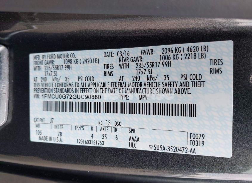 Photo 9 of 2016 Ford Escape SE (VIN 1FMCU0G72GUC90860)