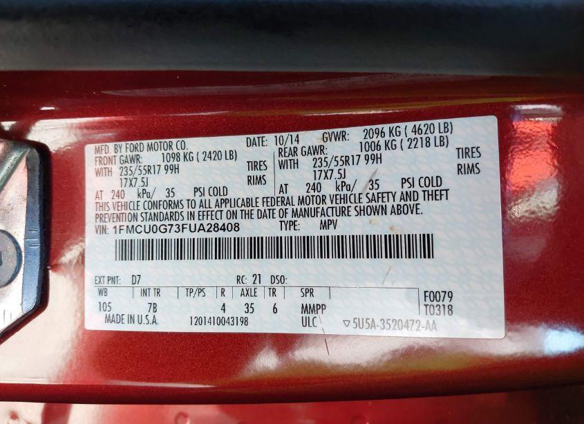 Photo 9 of 2015 Ford Escape SE (VIN 1FMCU0G73FUA28408)