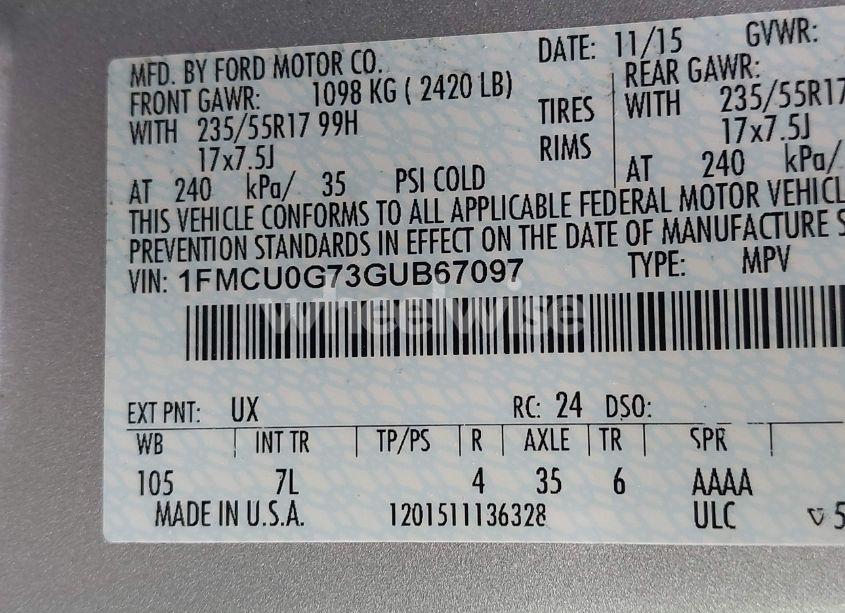 Photo 9 of 2016 Ford Escape SE (VIN 1FMCU0G73GUB67097)
