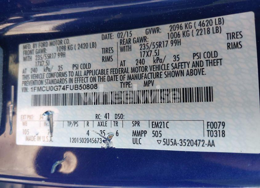 Photo 9 of 2015 Ford Escape SE (VIN 1FMCU0G74FUB50808)