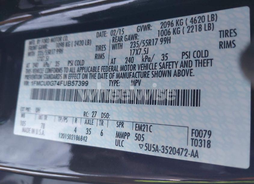 Photo 9 of 2015 Ford Escape SE (VIN 1FMCU0G74FUB57399)