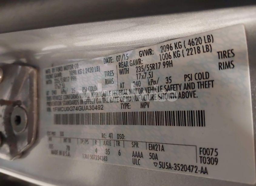 Photo 9 of 2016 Ford Escape SE (VIN 1FMCU0G74GUA30492)