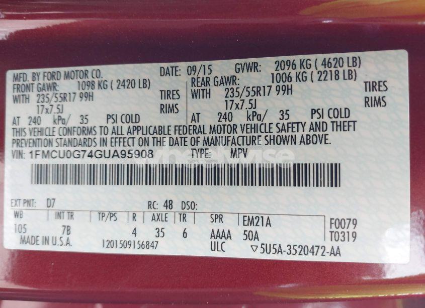 Photo 9 of 2016 Ford Escape SE (VIN 1FMCU0G74GUA95908)