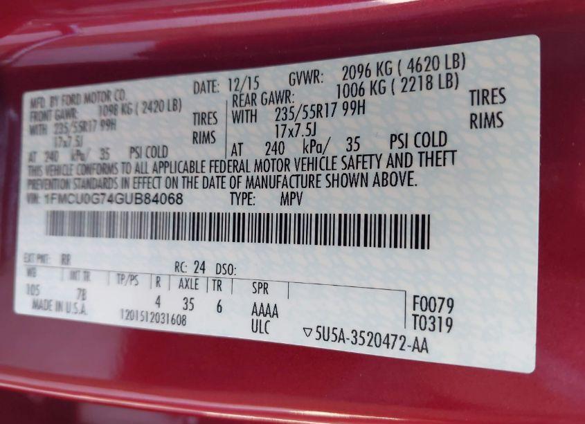 Photo 9 of 2016 Ford Escape SE (VIN 1FMCU0G74GUB84068)