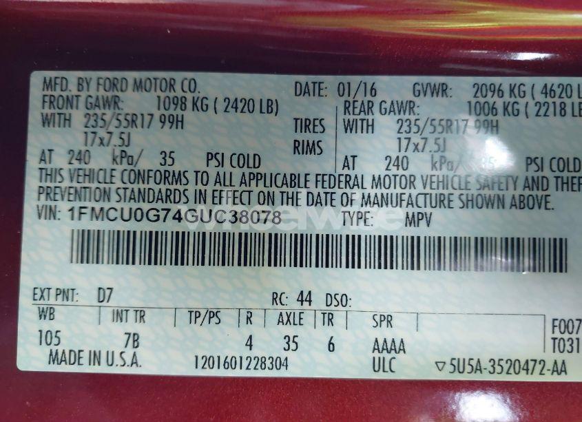 Photo 9 of 2016 Ford Escape SE (VIN 1FMCU0G74GUC38078)