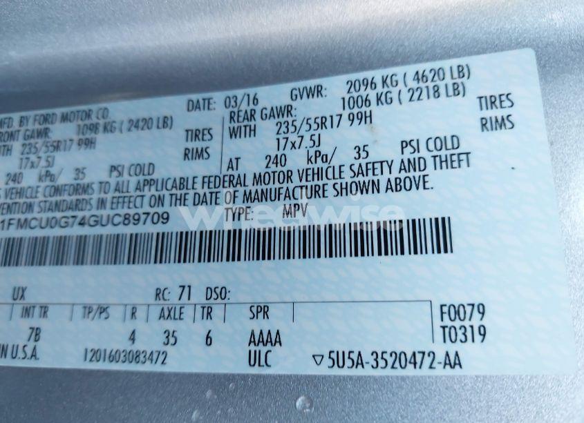 Photo 9 of 2016 Ford Escape SE (VIN 1FMCU0G74GUC89709)