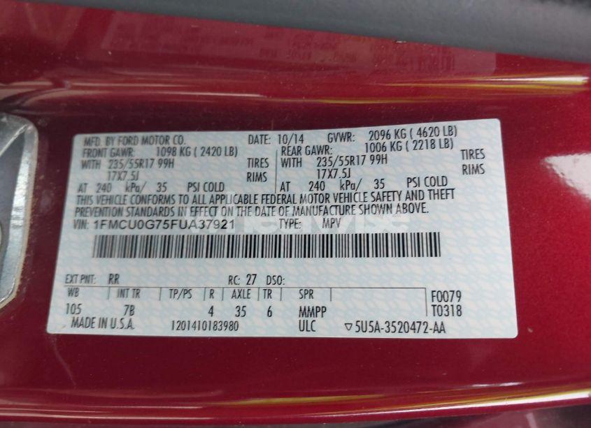 Photo 9 of 2015 Ford Escape SE (VIN 1FMCU0G75FUA37921)