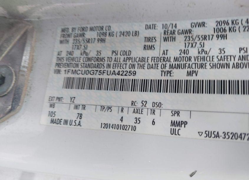 Photo 9 of 2015 Ford Escape SE (VIN 1FMCU0G75FUA42259)