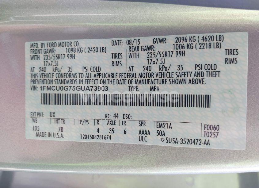 Photo 9 of 2016 Ford Escape SE (VIN 1FMCU0G75GUA73903)