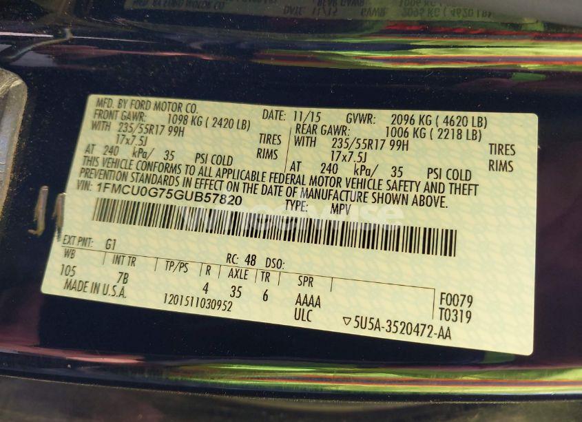 Photo 9 of 2016 Ford Escape SE (VIN 1FMCU0G75GUB57820)