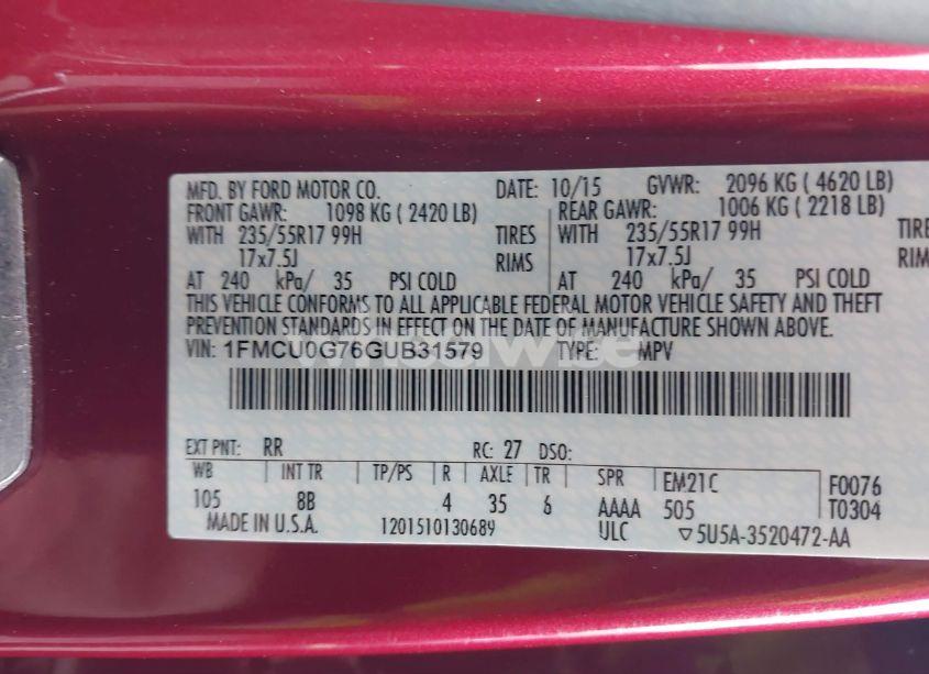 Photo 9 of 2016 Ford Escape SE (VIN 1FMCU0G76GUB31579)