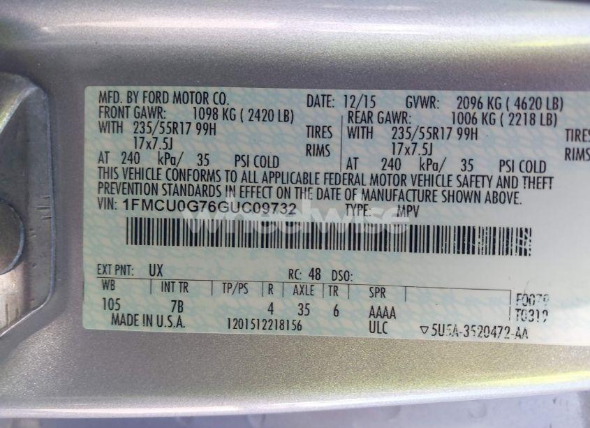 Photo 9 of 2016 Ford Escape SE (VIN 1FMCU0G76GUC09732)