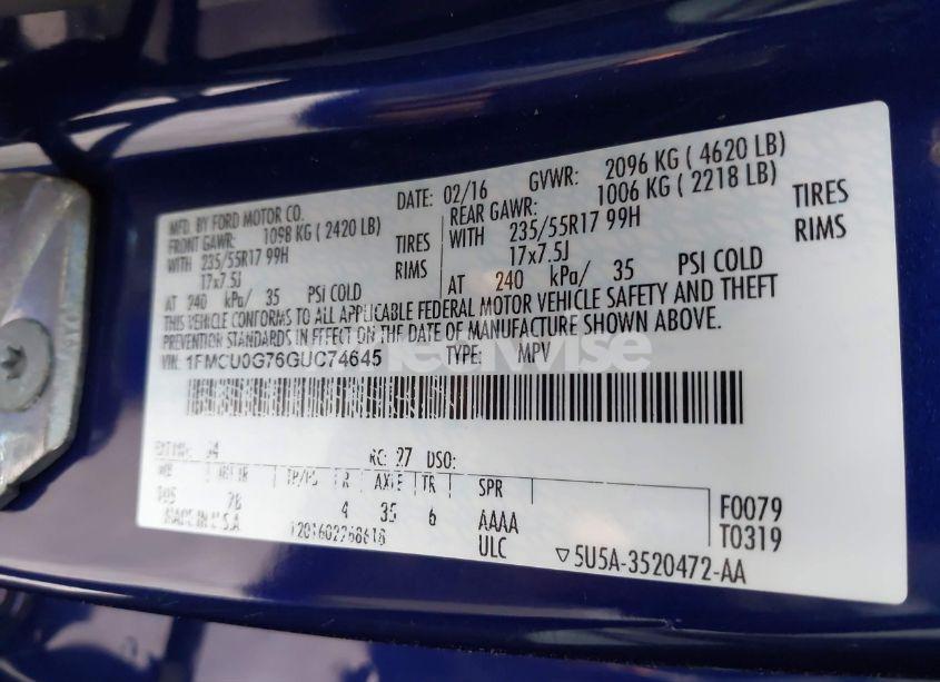 Photo 9 of 2016 Ford Escape SE (VIN 1FMCU0G76GUC74645)