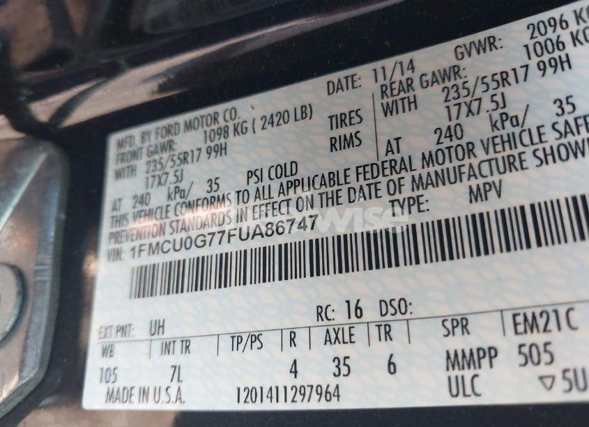 Photo 9 of 2015 Ford Escape SE (VIN 1FMCU0G77FUA86747)