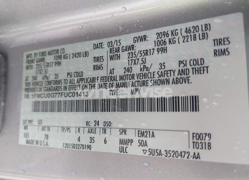 Photo 9 of 2015 Ford Escape SE (VIN 1FMCU0G77FUC01413)