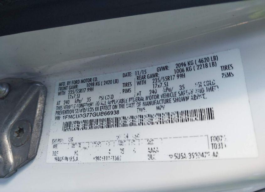 Photo 9 of 2016 Ford Escape SE (VIN 1FMCU0G77GUB66938)