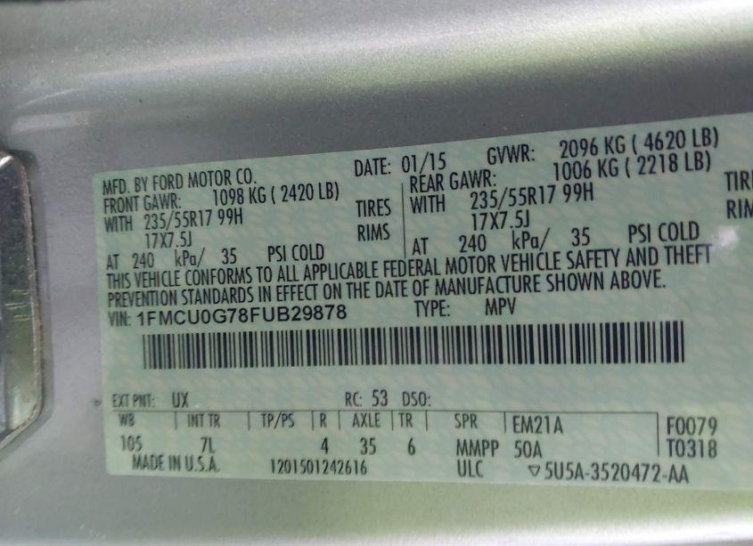 Photo 9 of 2015 Ford Escape SE (VIN 1FMCU0G78FUB29878)