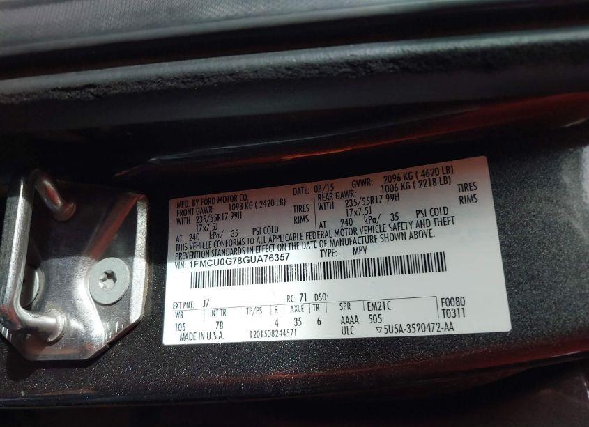 Photo 9 of 2016 Ford Escape SE (VIN 1FMCU0G78GUA76357)