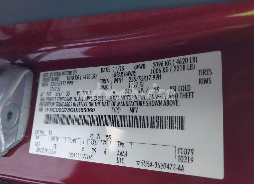 Photo 9 of 2016 Ford Escape SE (VIN 1FMCU0G78GUB66060)