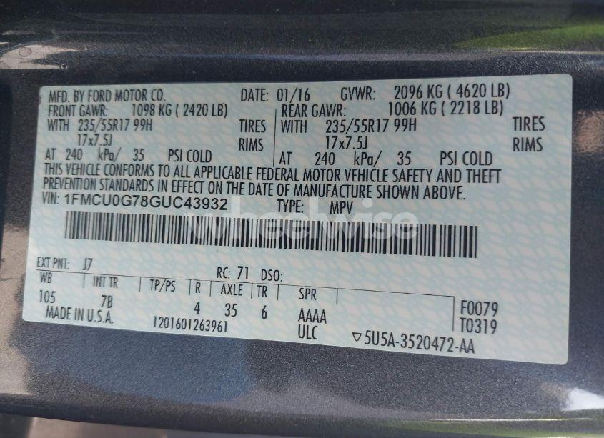 Photo 9 of 2016 Ford Escape SE (VIN 1FMCU0G78GUC43932)