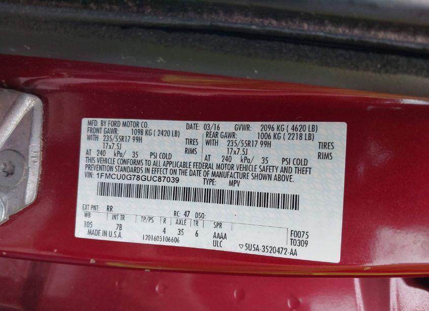 Photo 9 of 2016 Ford Escape SE (VIN 1FMCU0G78GUC87039)