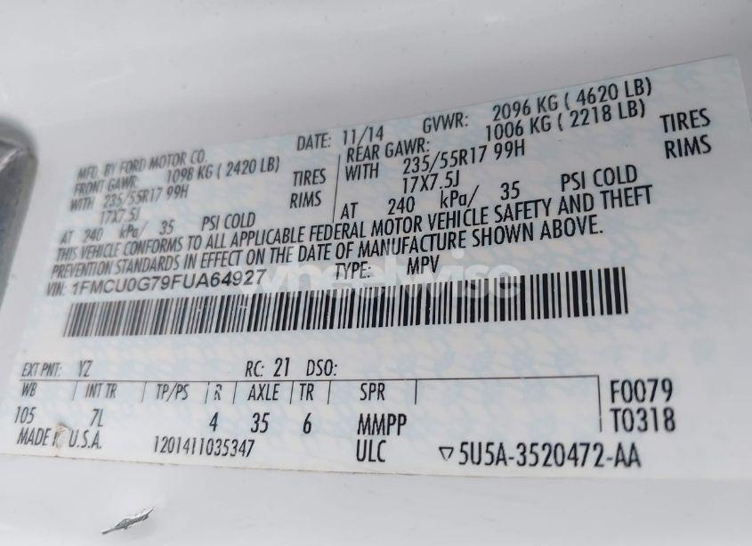 Photo 9 of 2015 Ford Escape SE (VIN 1FMCU0G79FUA64927)