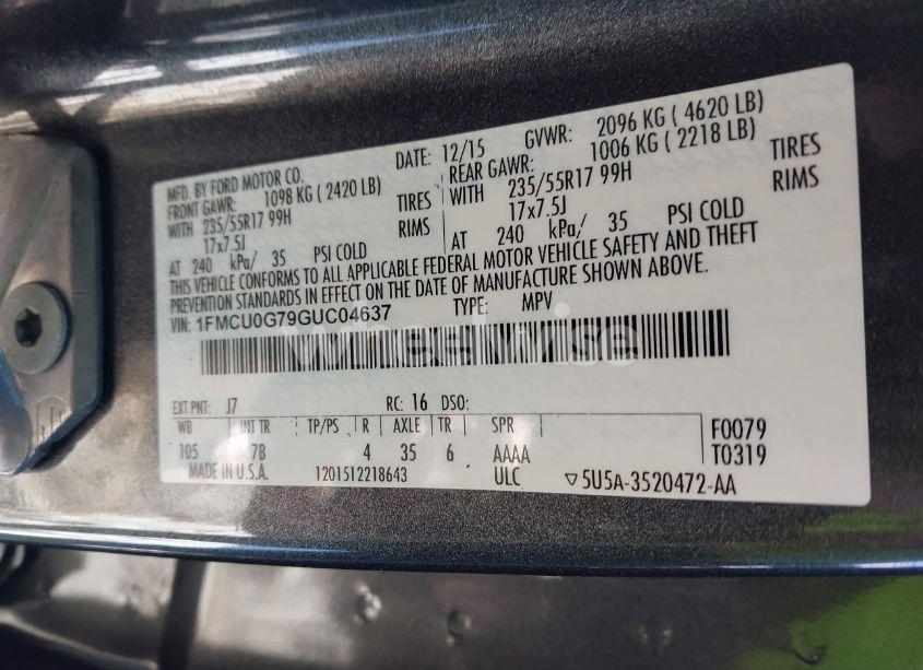 Photo 9 of 2016 Ford Escape SE (VIN 1FMCU0G79GUC04637)