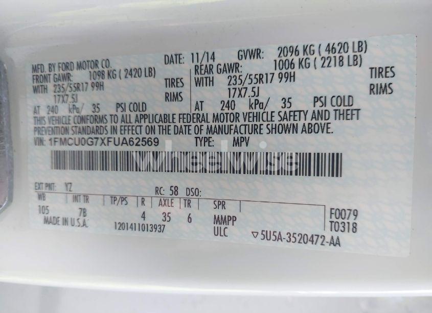 Photo 9 of 2015 Ford Escape SE (VIN 1FMCU0G7XFUA62569)