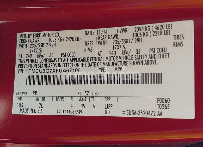 Photo 9 of 2015 Ford Escape SE (VIN 1FMCU0G7XFUA67108)