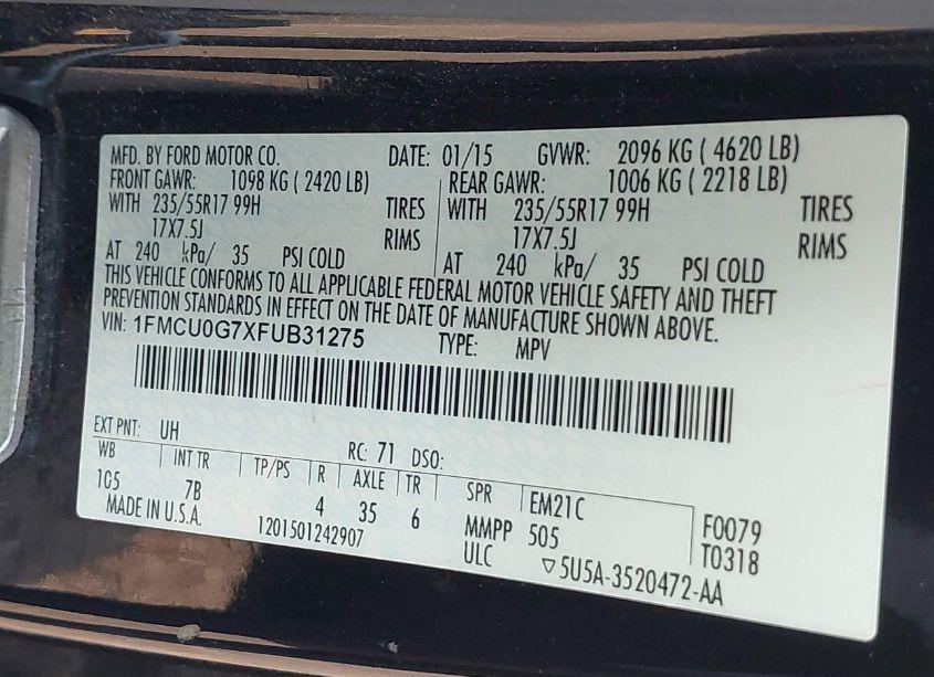 Photo 9 of 2015 Ford Escape SE (VIN 1FMCU0G7XFUB31275)