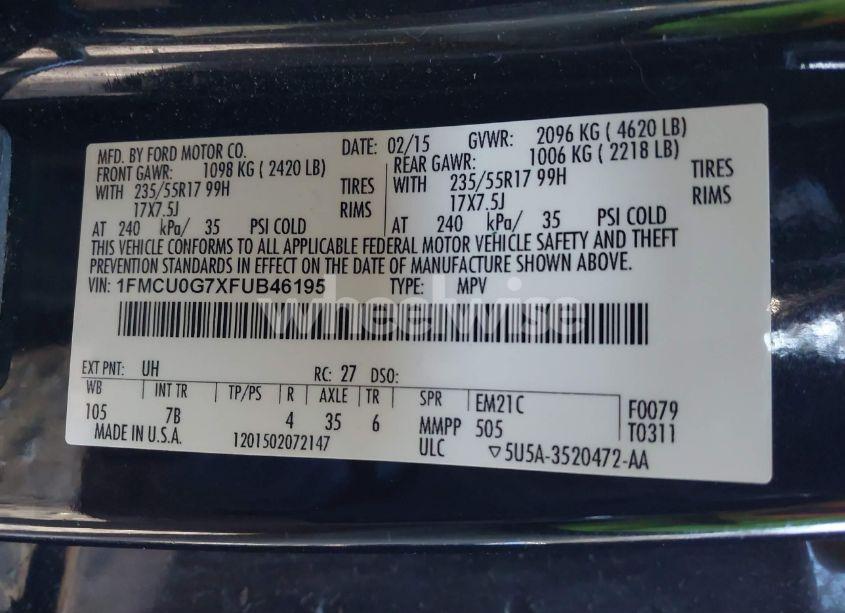 Photo 9 of 2015 Ford Escape SE (VIN 1FMCU0G7XFUB46195)