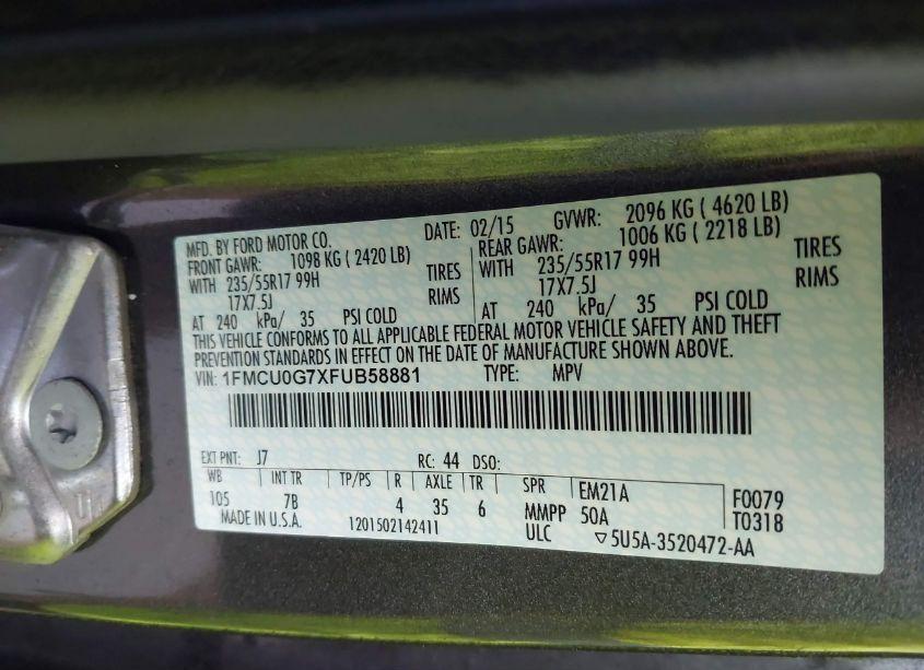 Photo 9 of 2015 Ford Escape SE (VIN 1FMCU0G7XFUB58881)