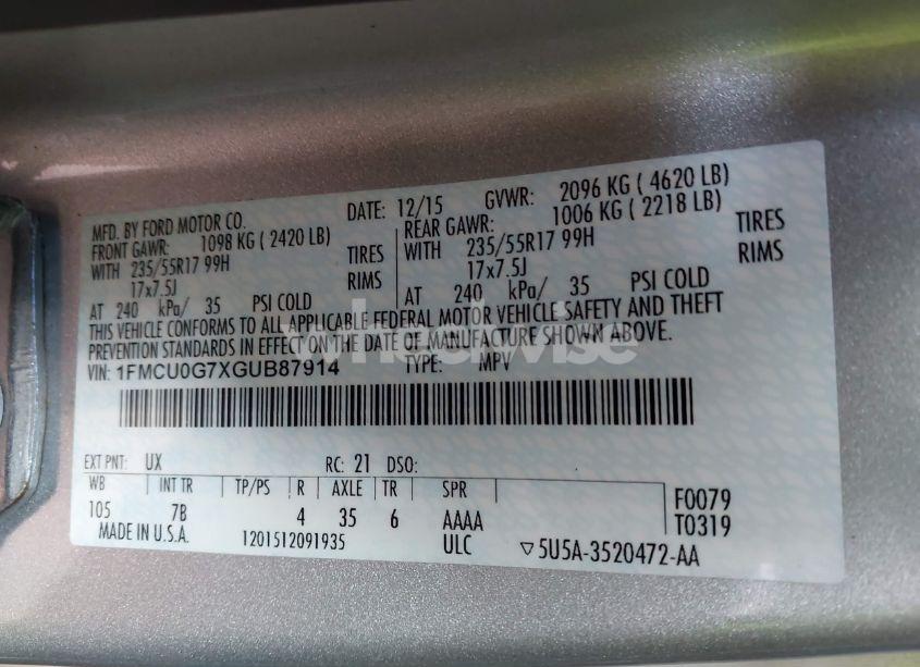 Photo 9 of 2016 Ford Escape SE (VIN 1FMCU0G7XGUB87914)
