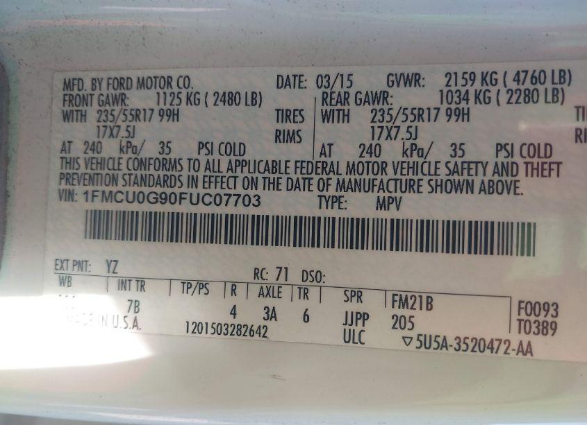 Photo 9 of 2015 Ford Escape SE (VIN 1FMCU0G90FUC07703)