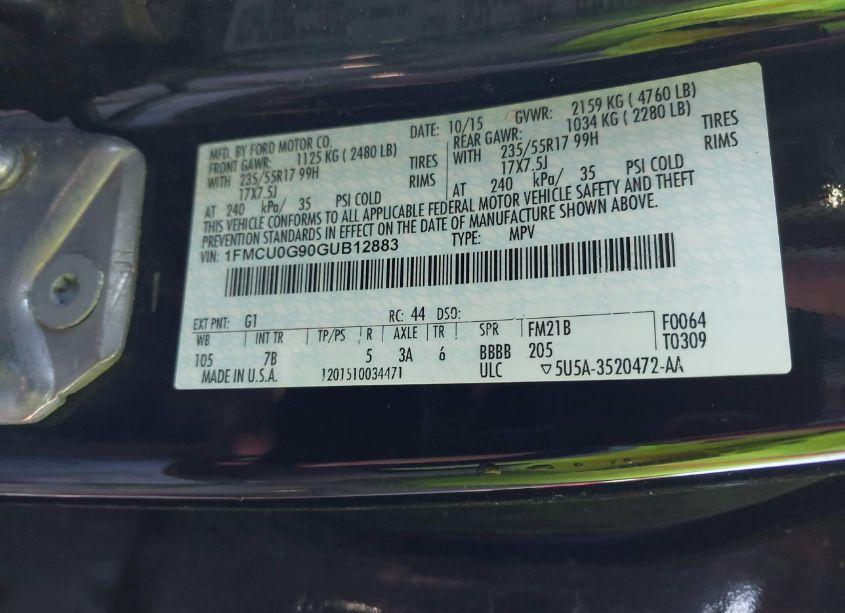 Photo 9 of 2016 Ford Escape SE (VIN 1FMCU0G90GUB12883)